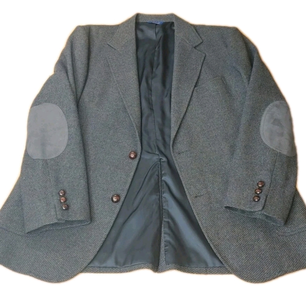 Pendleton Wool Sports Coat Men Sz 46 Long Blue Suede Elbow Patched Vintage USA